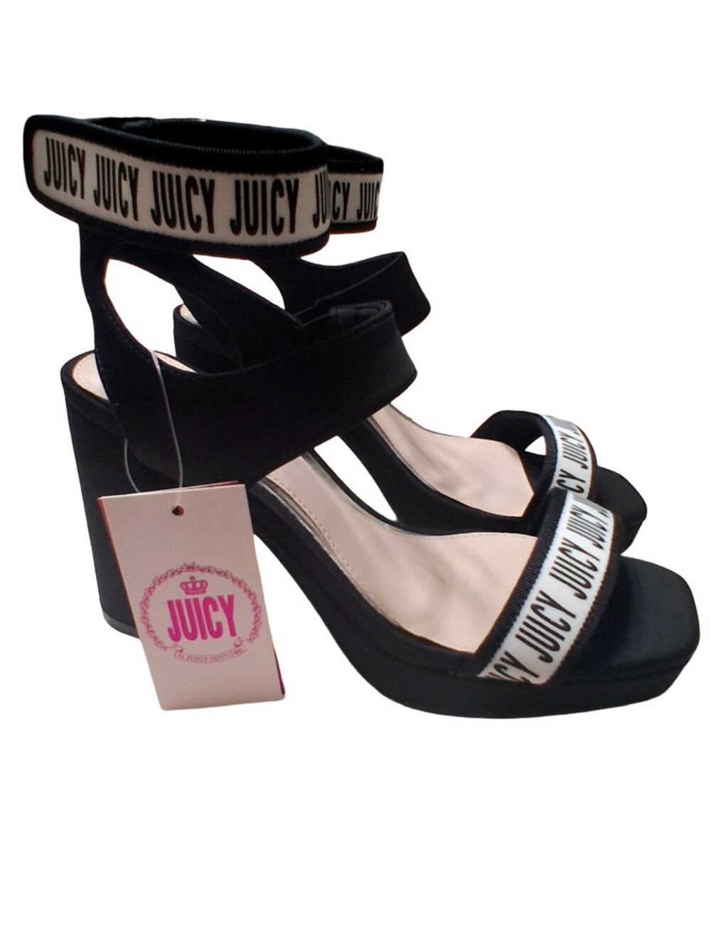 Juicy Couture J-Glissa Black & White Logo Print Strappy Platform Heels (9.5) NWT